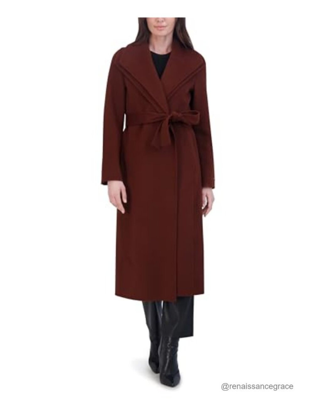 Wool Blend Wrap Coat Tie Belt Slim Fit Long Overcoat